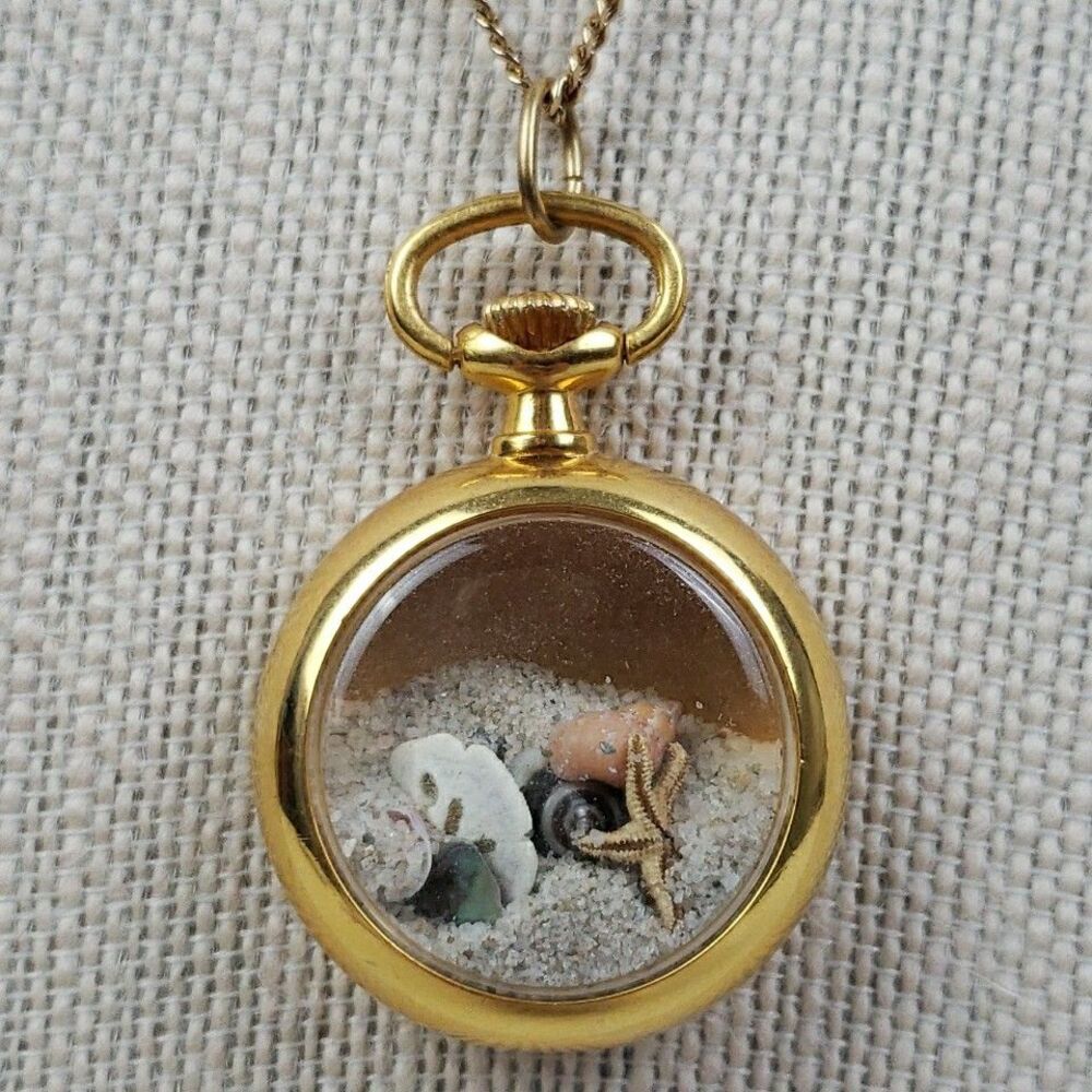 Pocket Watch Shape Locket Pendant Sand Shell 20" Necklace Gold Tone Beach
